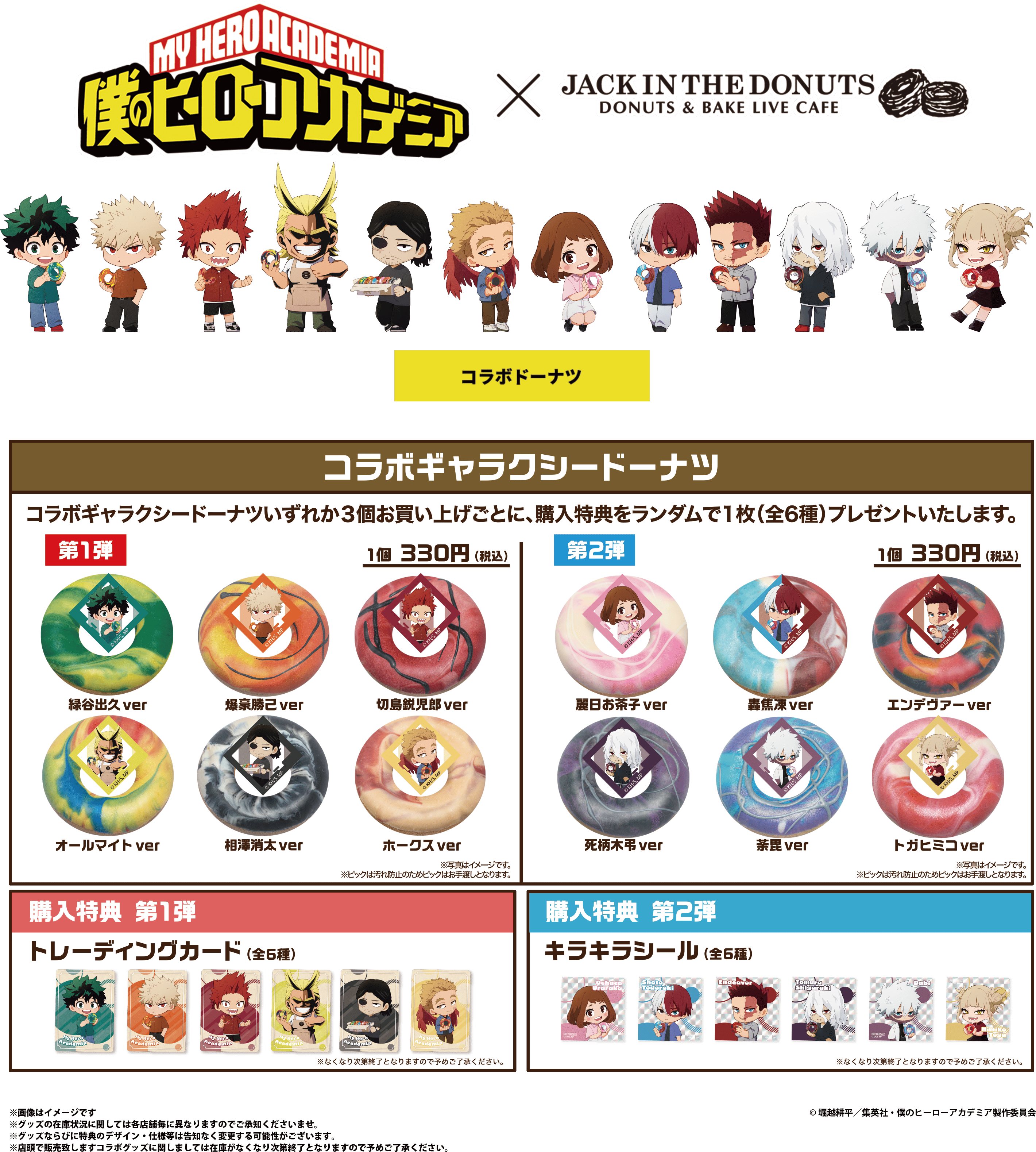 コラボギャラクシードーナツいずれか3個お買い上げごとに、購入特典をランダムで1枚(全6種)プレゼント。購入特典はトレーディングカードステッカー(第1弾)・キラキラシール(第2弾)