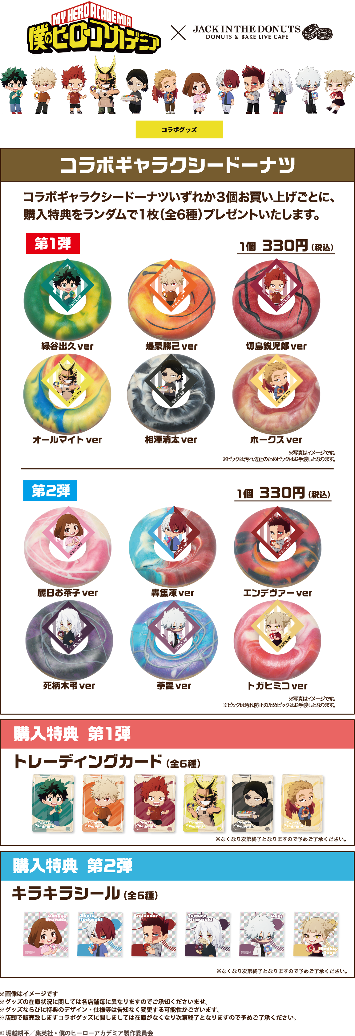 コラボギャラクシードーナツいずれか3個お買い上げごとに、購入特典をランダムで1枚(全6種)プレゼント。購入特典はトレーディングカードステッカー(第1弾)・キラキラシール(第2弾)
